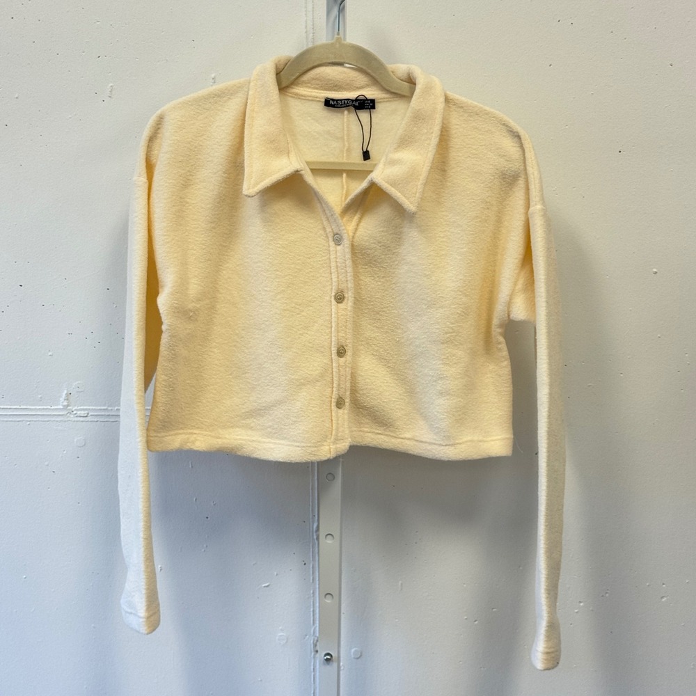 Nasty Gal Collection Cream Cropped Boxy Cardigan Button Front Textured Top US 2